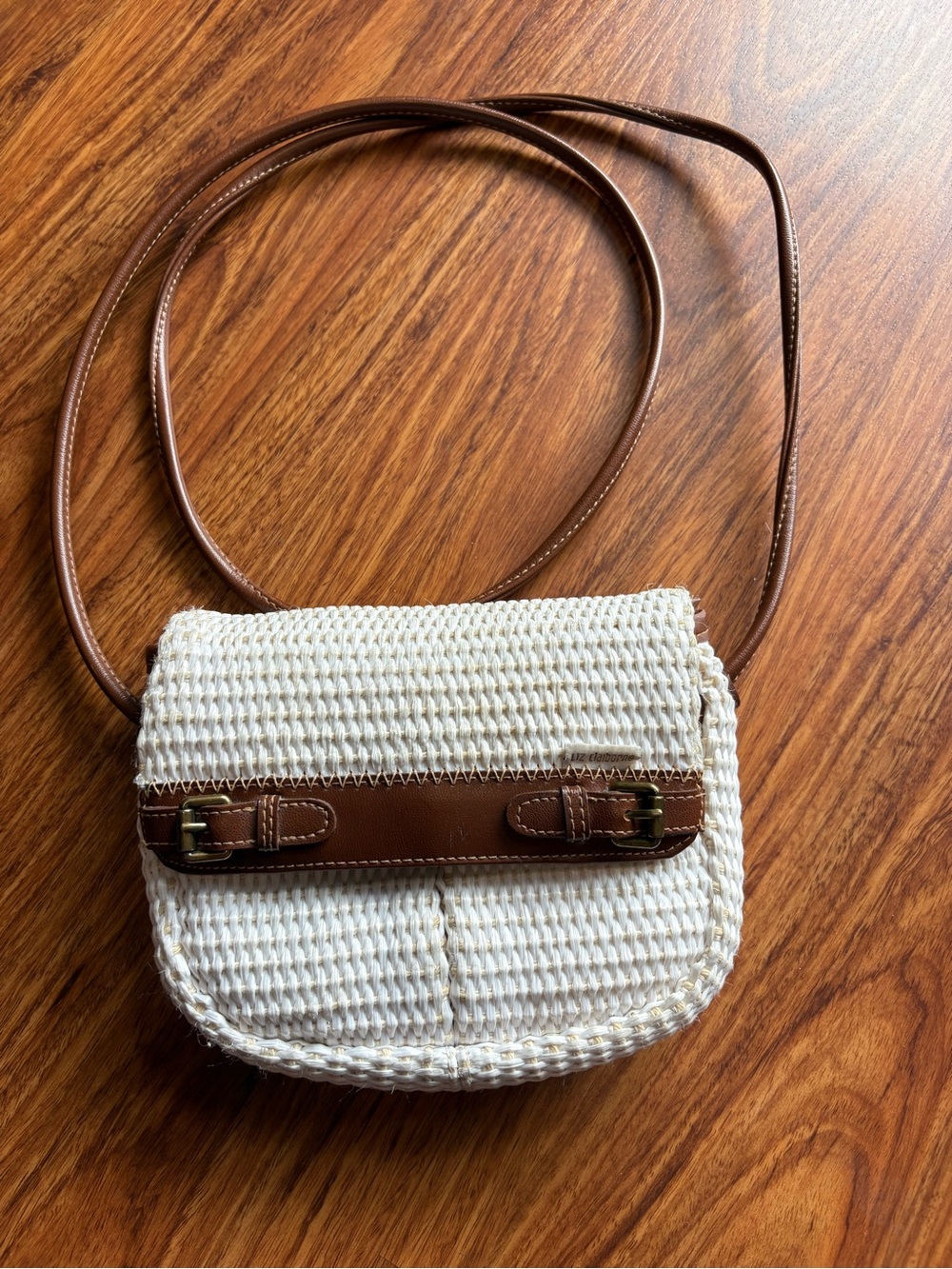 Liz Claiborne White & Cream Woven Crossbody with Brown Leather Trim